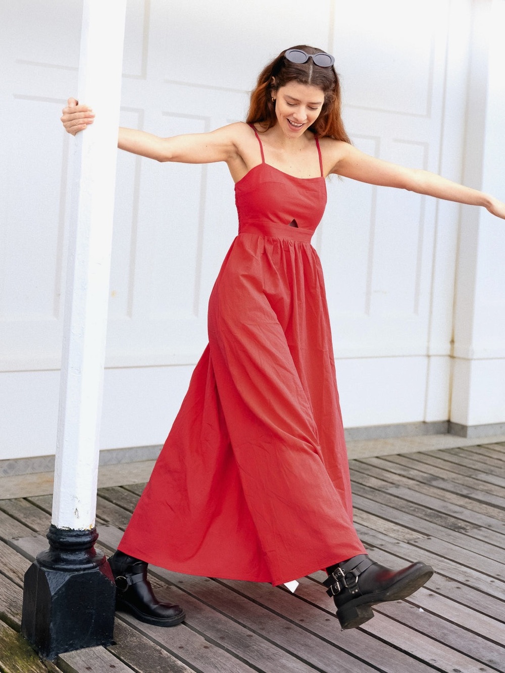 Commense Cotton Sleeveless Pockets Cutout Long Dress
